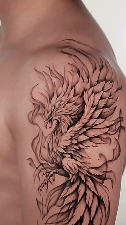 Fénix en negro y gris con plumas de sombra fina sobre el hombro