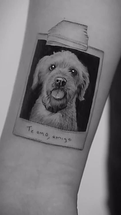 Retrato realista de un perro dentro de una polaroid con la frase Te amo, amigo